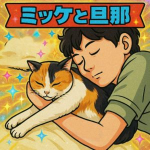 「ミッケと旦那」というタイトルロゴの下で、三毛猫を抱きしめて幸せそうに眠る男性のレトロポップなイラスト